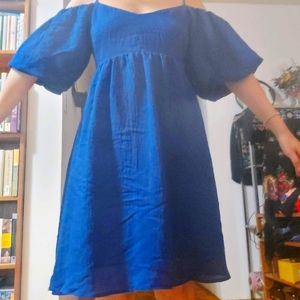 Moulinette Soeurs Balloon Sleeve Cold Shoulder Blue Dress